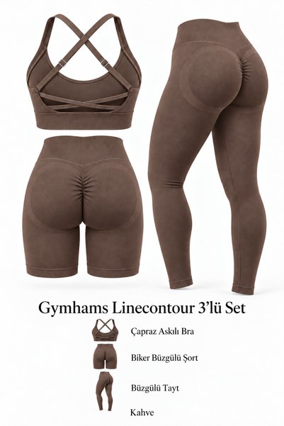 gymhams Linecontour Kadın 3’LÜ Seamless Spor Takım(Çapraz Ayarlanabilir Askılı Pedli Bra - Büzgülü Push Up Tayt- Biker Büzgülü Şort)