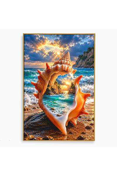 Luxcanva Tablou Canvas Peisaj Marin In Scoica 40x60 cm cu Rama Auriu Mare Val...