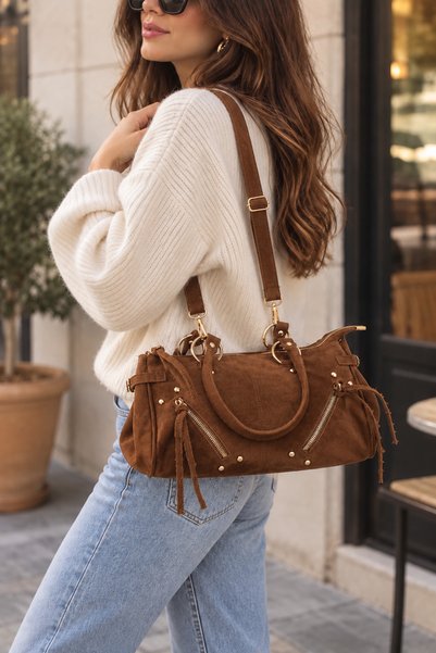 emelimin Women's Tan Brown Large Size Suede Look Shoulder Bag with Gold Metal...