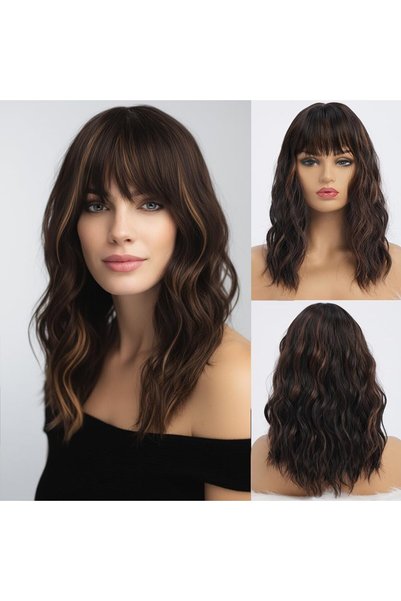 Simkaylee Perucă de damă, 40 cm, breton, păr ondulat, aspect natural, fibră s...