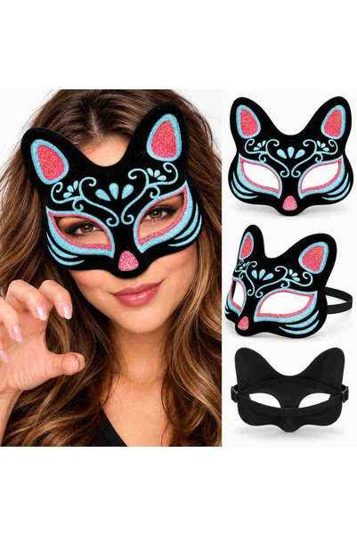shoppingfestr Velvet Textured Black Cat Mask with Turquoise Blue Pink Glitter...