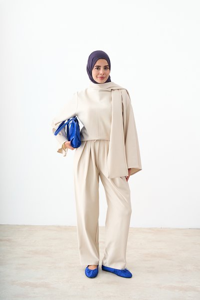 LOCCO Women's Shawl Detail Asymmetrical Cut Set Cream
