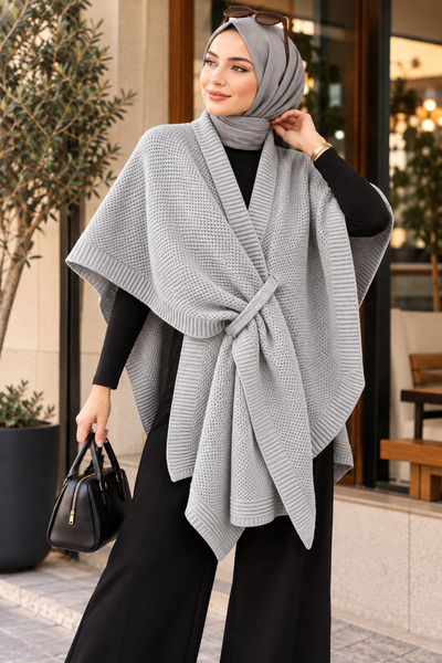 EBRUTESETTÜR Asymmetrical Cut Design Knitwear Poncho Gray
