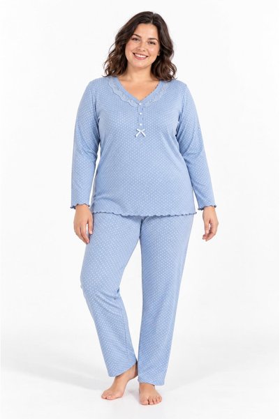 Etoile Kadın Büyük Beden Uzun Kol V Yaka Yarım Düğmeli Mavi Pijama Takımı C1T...