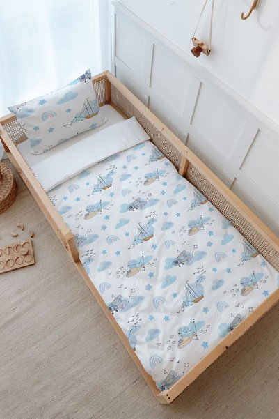 Tuğba Kuğu Montessori Duvet Cover and Fitted Sheet Set - Iconic Series - Blue...