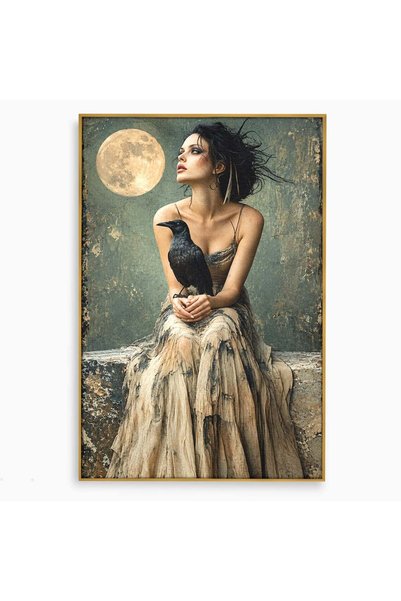 Luxcanva Tablou Canvas Femeie Cu Corb La Luna Plina 80x120 cm cu Rama Auriu N...