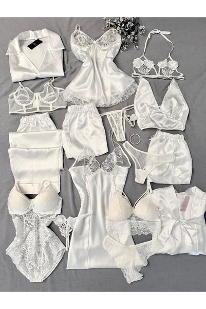 MH Moony Homewears Kutulu Beyaz Bibo 16 Parça Saten Pijama Gecelik Sabahlık I...