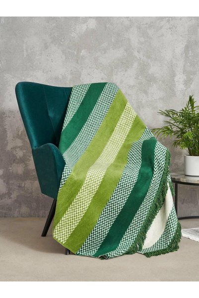 Karo Patura din bumbac-acril 150x200 verde sticla alb cu dungi in zig-zag