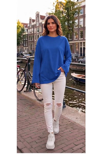 AÇELYA TEKSTİL Long Sleeve Cotton T-Shirt Oversize Wide Sleeve Women's Loose Long Basic T-Shirt