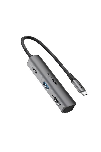 Mikrava USB-C 3'ü 1 Arada Hub (HDMI 4K@60Hz, 2K@144Hz, 1080p@240Hz, USB 3.0 5Gbps, 100W PD Hızlı Şarj) - 0.2 Metre