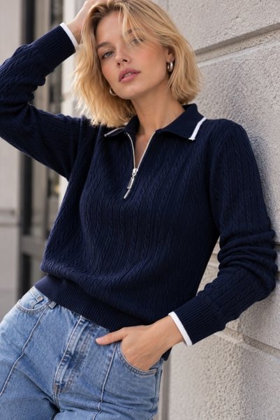 Arbucky Women's Polo Collar Half Zipper Hair Braided Knitwear Sweater