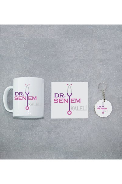 Doktora Özel İnci Beyazı Kupa Bardak, Altlığı ve Anahtarlık Seti