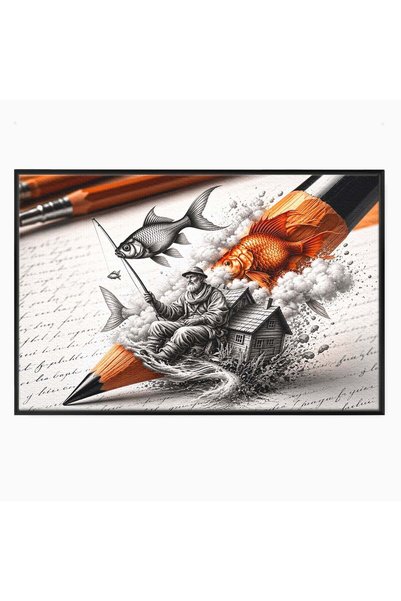 Luxcanva Tablou Canvas Pescuitul Imaginatiei cm cu Rama Negru Fantezie Creati...
