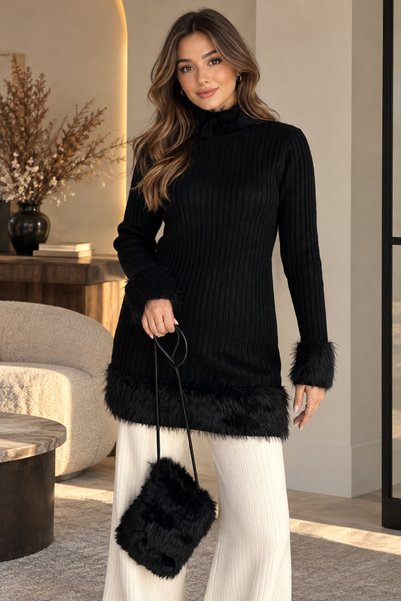 ButikDoqu Gülseli Peluş Detaylı Kendinden Çizgi Desenli Triko Tunik Elbise
