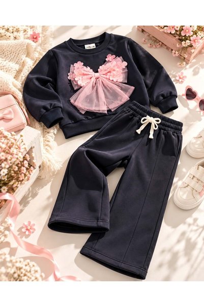 Lolliboomkids Girl's Organza Bow Appliqué Dark Smoked Sweatshirt - Sweatpants