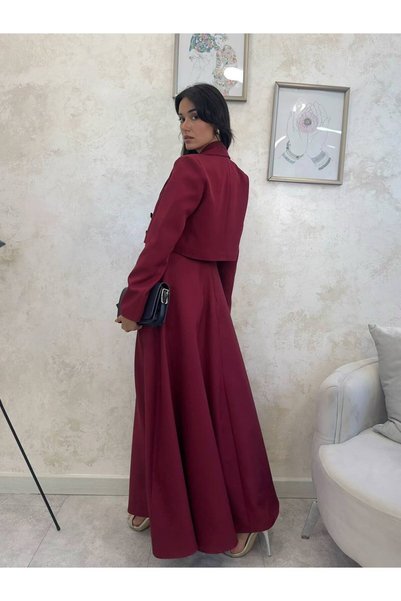 FLOWERİNG Kadın Bordo Askılı Elbiseli Ceketli İkili Takım
