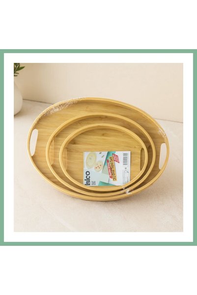 BŞK VİRGO طقم صواني خشبية بيضاوية من الخيزران 3 قطع (20x29، 26x36، 31x45 سم) ...