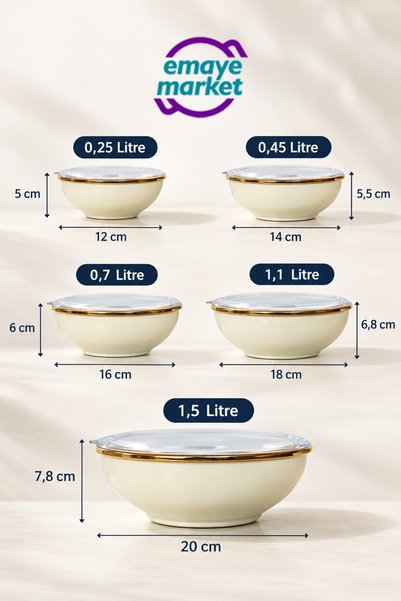 emaye market Enamel Storage Container Set Cream Gold Detail 5-Piece 12 cm 14 cm 16 cm 18 cm 20 cm Vacuum Lid