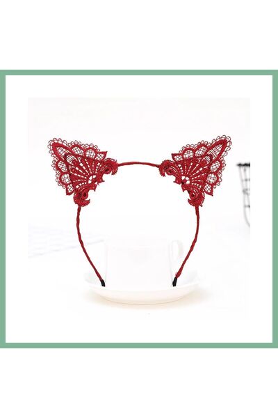 BŞK VİRGO Lace Red Cat Crown - Vintage Style Lace Cat Ear Bsk2026