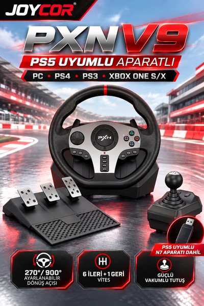 JOYCOR PXN V9 Oyuncu Direksiyon Seti PS5 Uyumlu Aparatlı 270°/900° 3 Pedallı ...