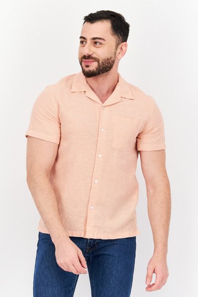 CELIO Men Regular Fit Micro Checkered Short Sleeve Casual Shirt, Pale Orange