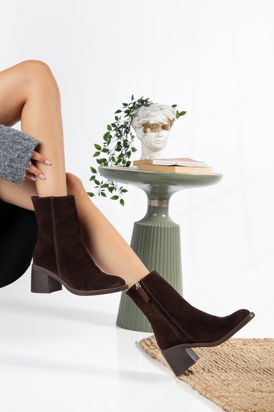 NOSEY SHOES Leona Model Genuine Leather Side Zipper Thick Heel Women's Daily Long Boots