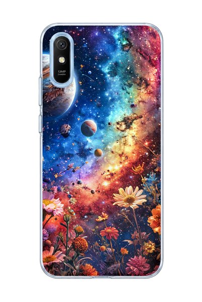 lelia حافظة هاتف شفافة متوافقة مع Redmi 9A مطبوعة بتصميم Galaxy and Flowers