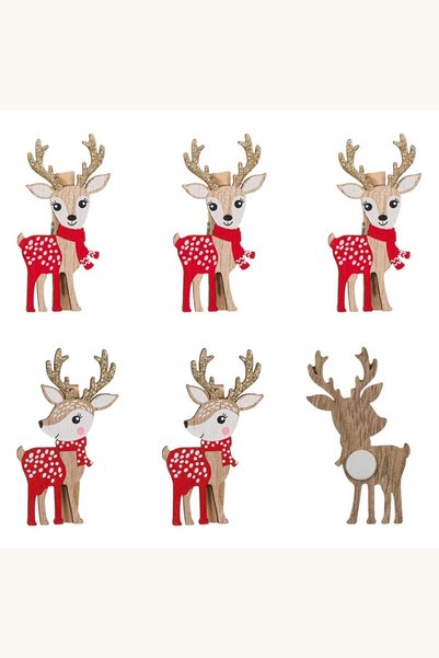 Comerivo Ornamente craciun din lemn reni scintilante cu glitter si coarne 6 b...