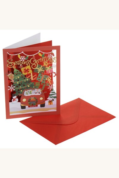 Comerivo Plic si felicitare Craciun rosie design decupat camioneta Brad 13x19cm