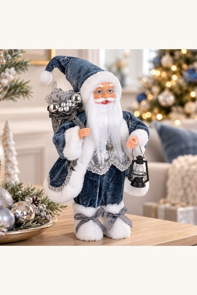 Comerivo Mos Craciun decorativ 31cm, costum albastru cu paiete si felinar