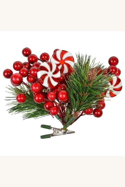 Comerivo Floare decorativă de Crăciun cu clips, creangă de pin cu pomușoare r...