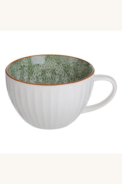 Comerivo Cană mare de cafea sau ceai, ceramică albă cu dungi verticale și int...