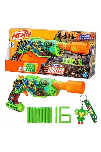 Nerf Комплект зомби дрилър бластер с 16 дунапренови патрона и ключодържател и...