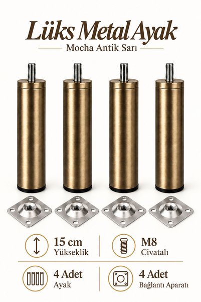Badem10 Metal Ayak Mocha Antik Sarı 4 Adet 15 Cm Mobilya Baza Dolap Masa Ayağ...