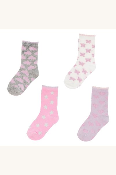 Comerivo Set 4 perechi sosete iarna fete roz gri cu lurex si modele nori fluturi