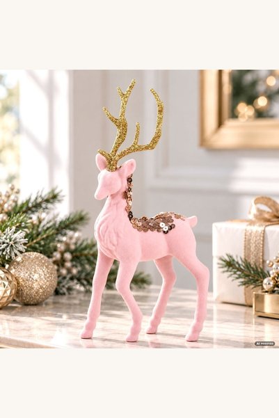 Comerivo Ren decorativ catifelat roz pentru Craciun, 21,5 cm