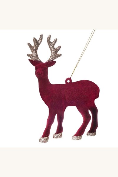 Comerivo Cerb catifelat pentru brad Craciun, bordo cu glitter auriu, 13cm