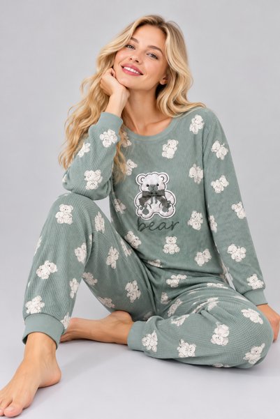 Pijamask Women's Patterned Crew Neck Long Sleeve Printed Relaxed Cut Pajama Set