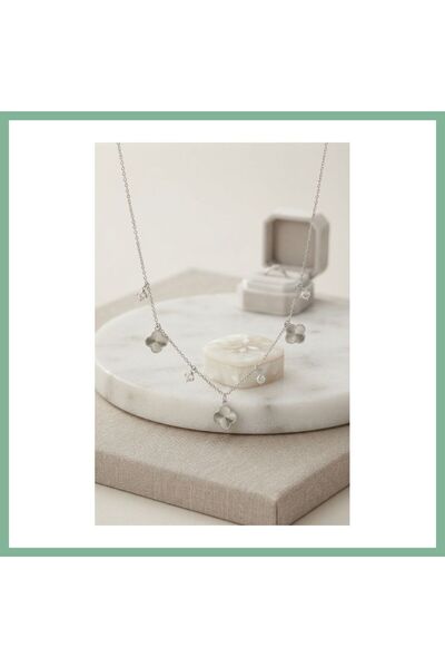 BŞK VİRGO Brass Silver Color Zircon Stone Clover Model Women's Necklace Bsk2026