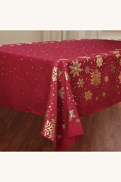 Comerivo Fata de masa Craciun rosie 240x140cm cu fulgi si stelute aurii