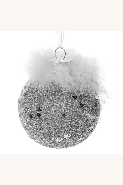 Comerivo Ornament Craciun glob argintiu cu pene albe si straluciri 8cm
