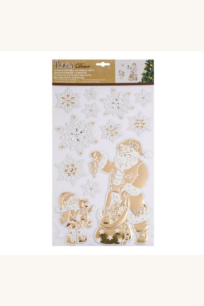 Comerivo Stickere Craciun cu Mos Craciun si fulgi glitter, decor bej alb 24x41cm