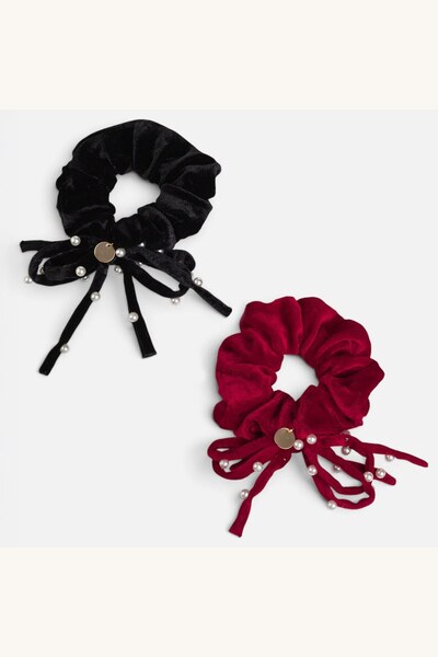 Comerivo Elastice de par Craciun, set 2 bucati, catifea rosie si neagra cu fu...