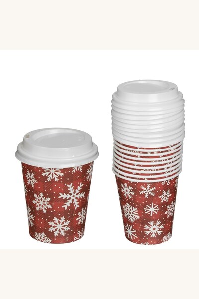 Comerivo Set 10 pahare carton rosu Craciun 270ml cu capace, model carouri si ...