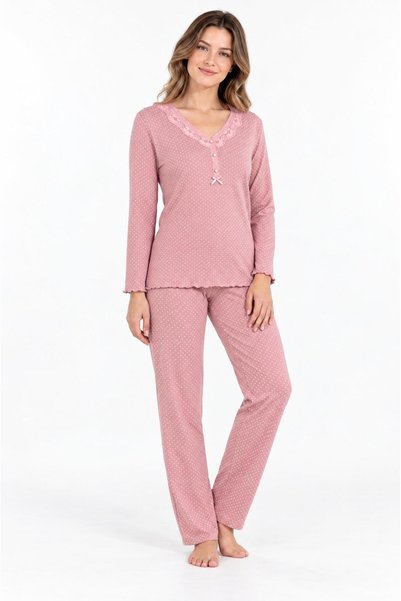 Etoile Kadın Uzun Kol V Yaka Yarım Düğmeli Pembe %100 Pamuk Pijama Takımı C2T...