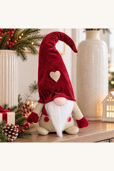 Comerivo Figurina Gnome cu caciula-inima 40cm, material catifea rosie
