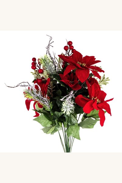 Comerivo Buchet Craciun cu flori rosii si ramuri ninse, 53 cm, decor festiv casa