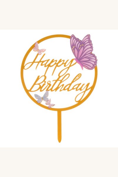 Comerivo Decoratiune tort zi de nastere cu fluturi, Happy Birthday auriu, 12x...