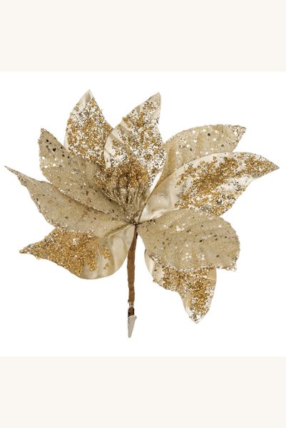 Comerivo Floare de Craciun aurie cu glitter si clips, 26 cm, pentru brad