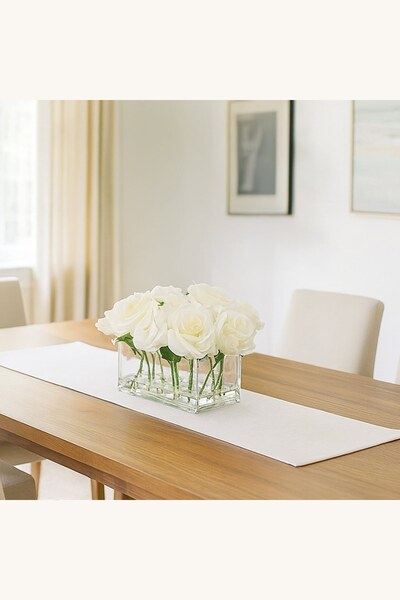 Comerivo Vaza sticla transparenta cu 8 trandafiri albi pentru decor romantic